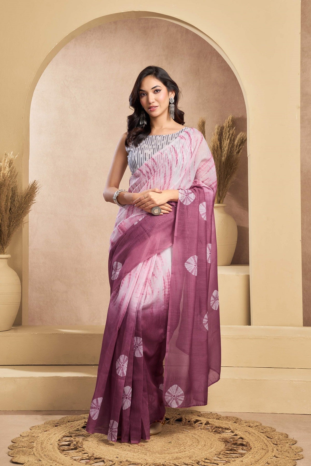 Dwija Fashion Baby pink Party Wear Printed Linen Ready To Wear Saree With Unstitched Blouse