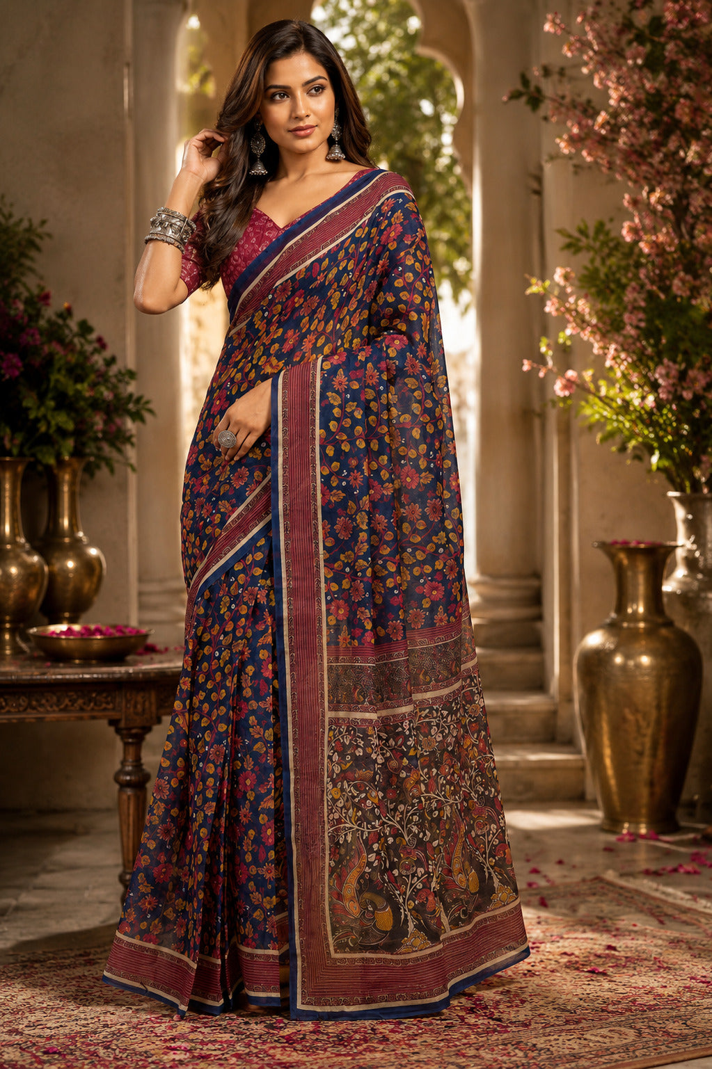 Dwija Fashion Teal Blue Party Wear Printed Linen Ready To Wear Saree With Unstitched Blouse