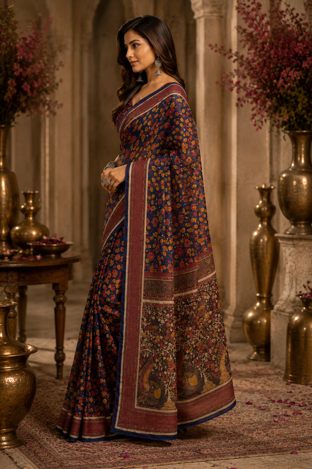 Dwija Fashion Teal Blue Party Wear Printed Linen Ready To Wear Saree With Unstitched Blouse