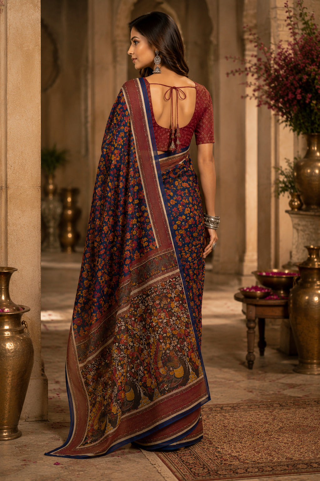 Dwija Fashion Teal Blue Party Wear Printed Linen Ready To Wear Saree With Unstitched Blouse
