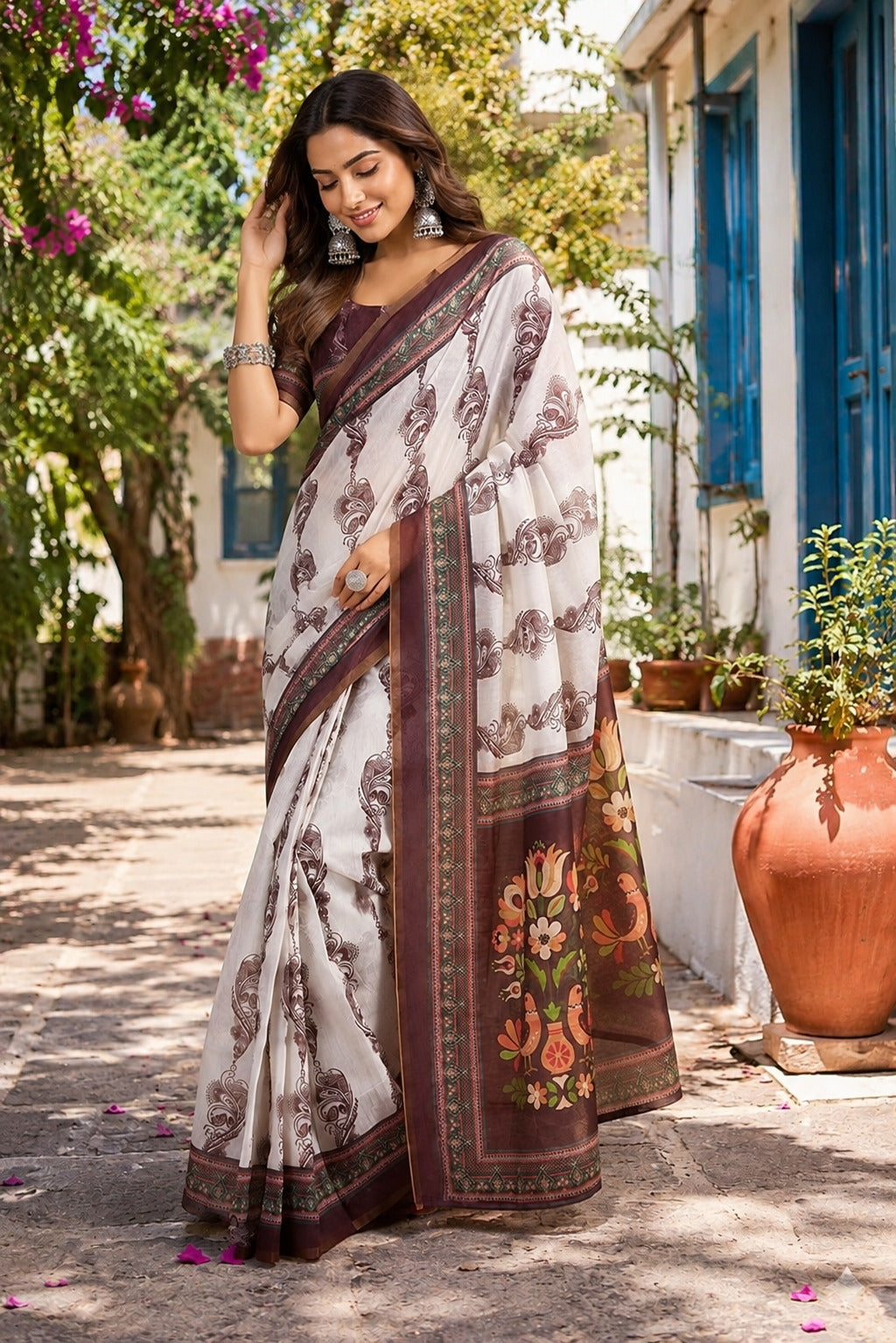 Dwija Fashion White Party Wear Printed Linen Ready To Wear Saree With Unstitched Blouse