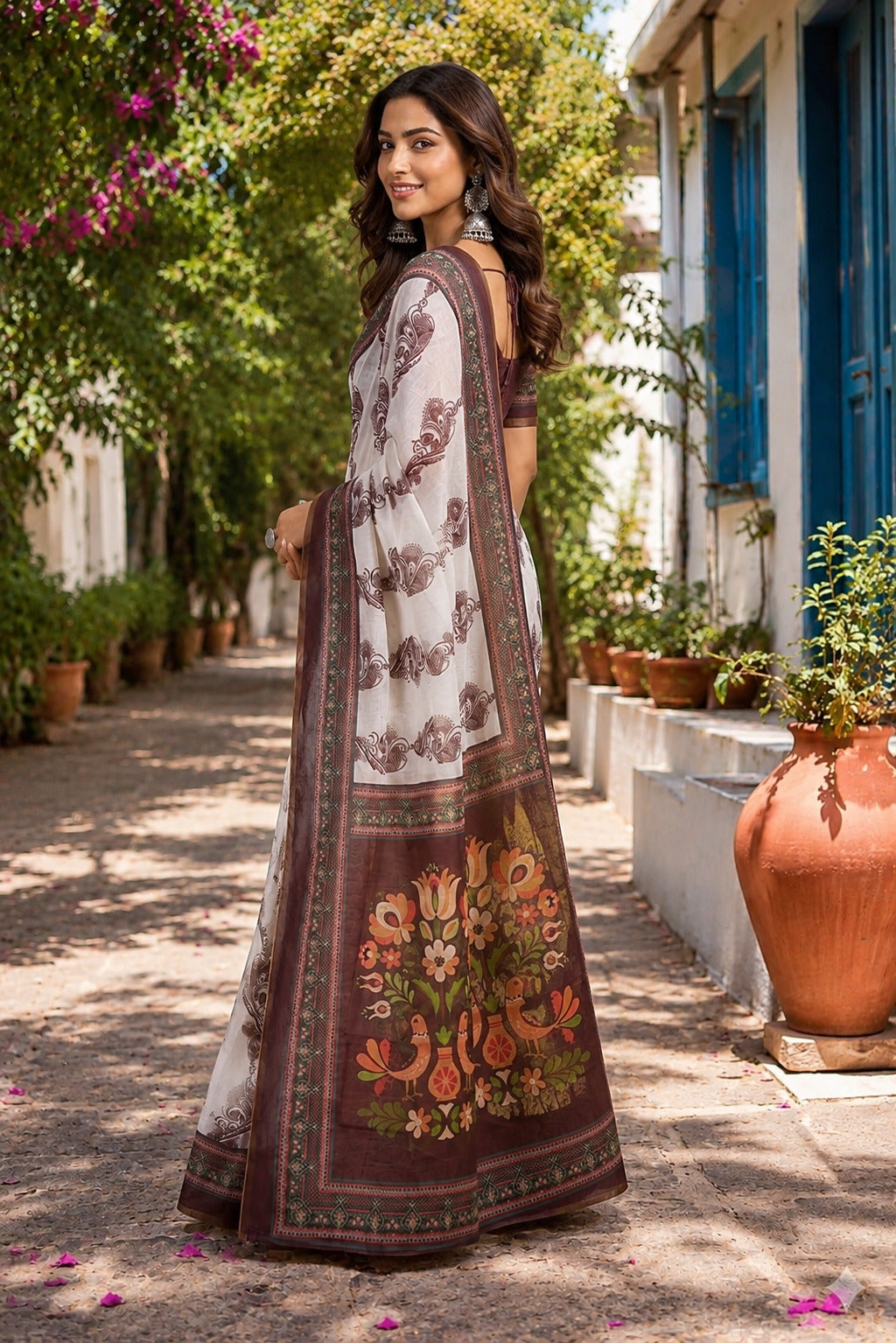Dwija Fashion White Party Wear Printed Linen Ready To Wear Saree With Unstitched Blouse