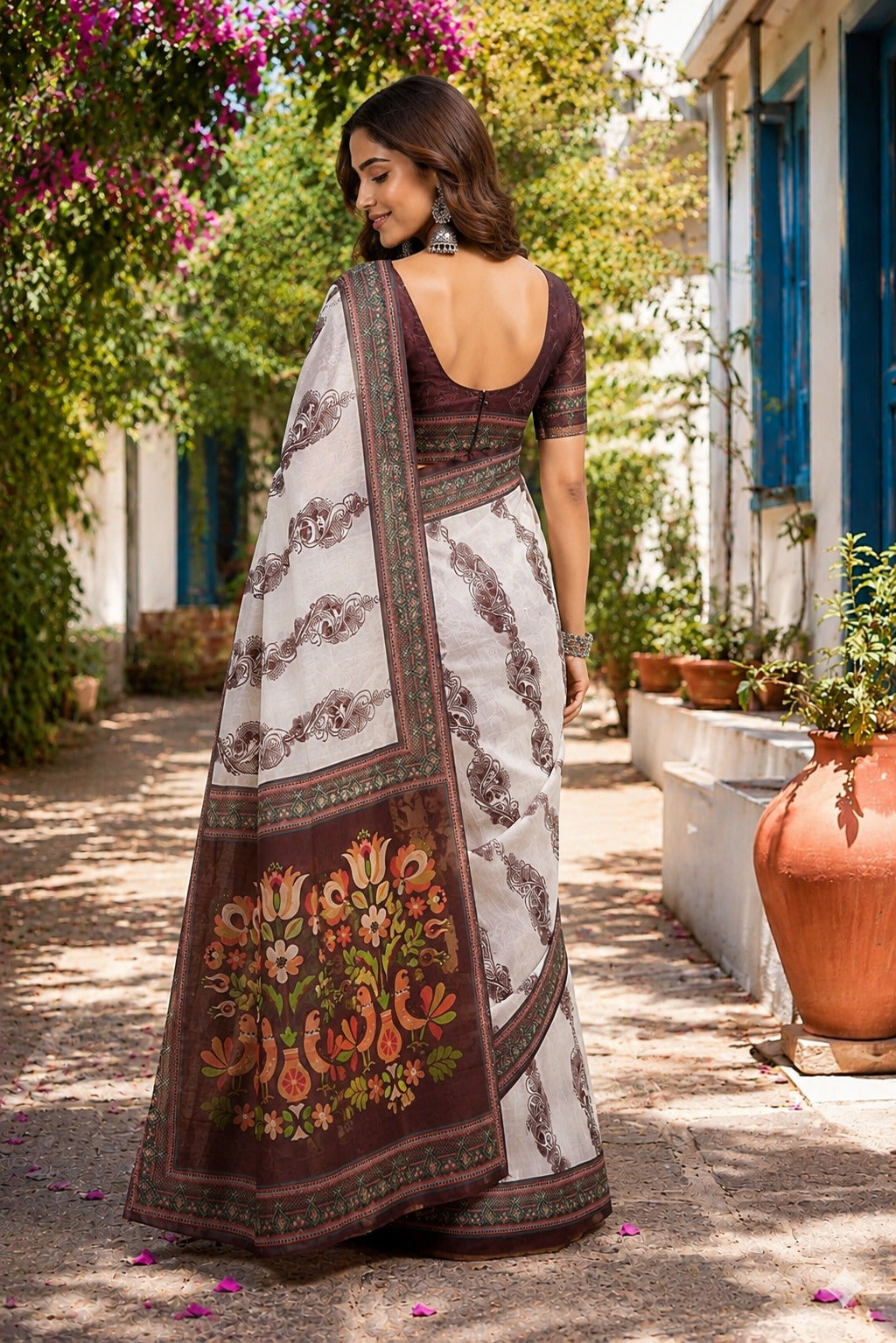 Dwija Fashion White Party Wear Printed Linen Ready To Wear Saree With Unstitched Blouse