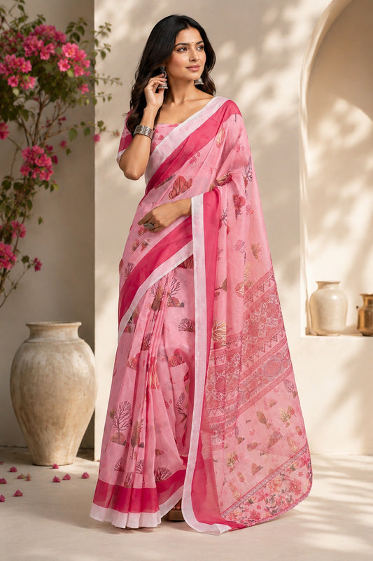 Dwija Fashion Pink Party Wear Printed Linen Ready To Wear Saree With Unstitched Blouse