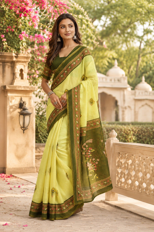 Dwija Fashion Mint Green Party Wear Printed Linen Ready To Wear Saree With Unstitched Blouse