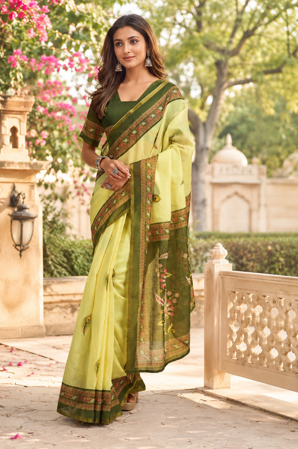 Dwija Fashion Mint Green Party Wear Printed Linen Ready To Wear Saree With Unstitched Blouse
