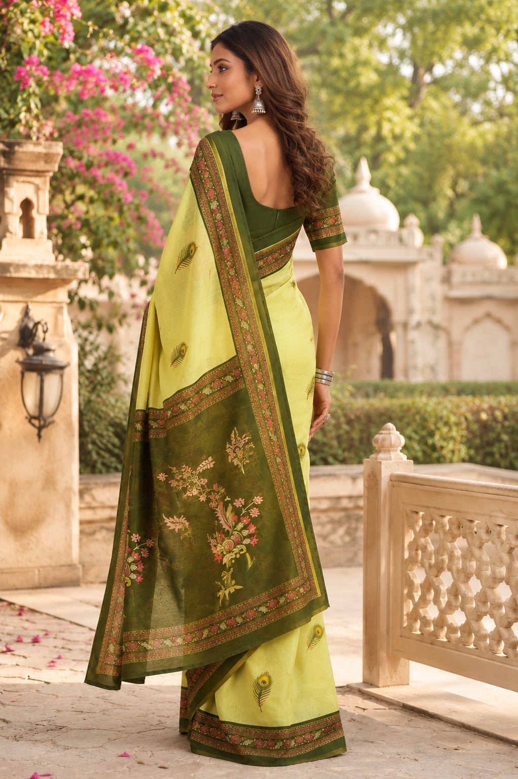Dwija Fashion Mint Green Party Wear Printed Linen Ready To Wear Saree With Unstitched Blouse