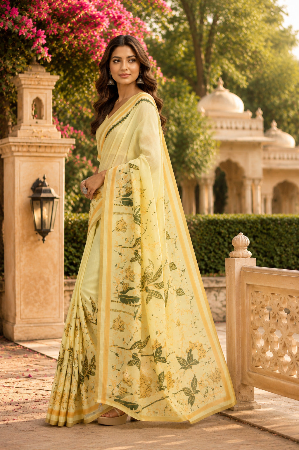 Dwija Fashion Yellow Party Wear Printed Linen Ready To Wear Saree With Unstitched Blouse