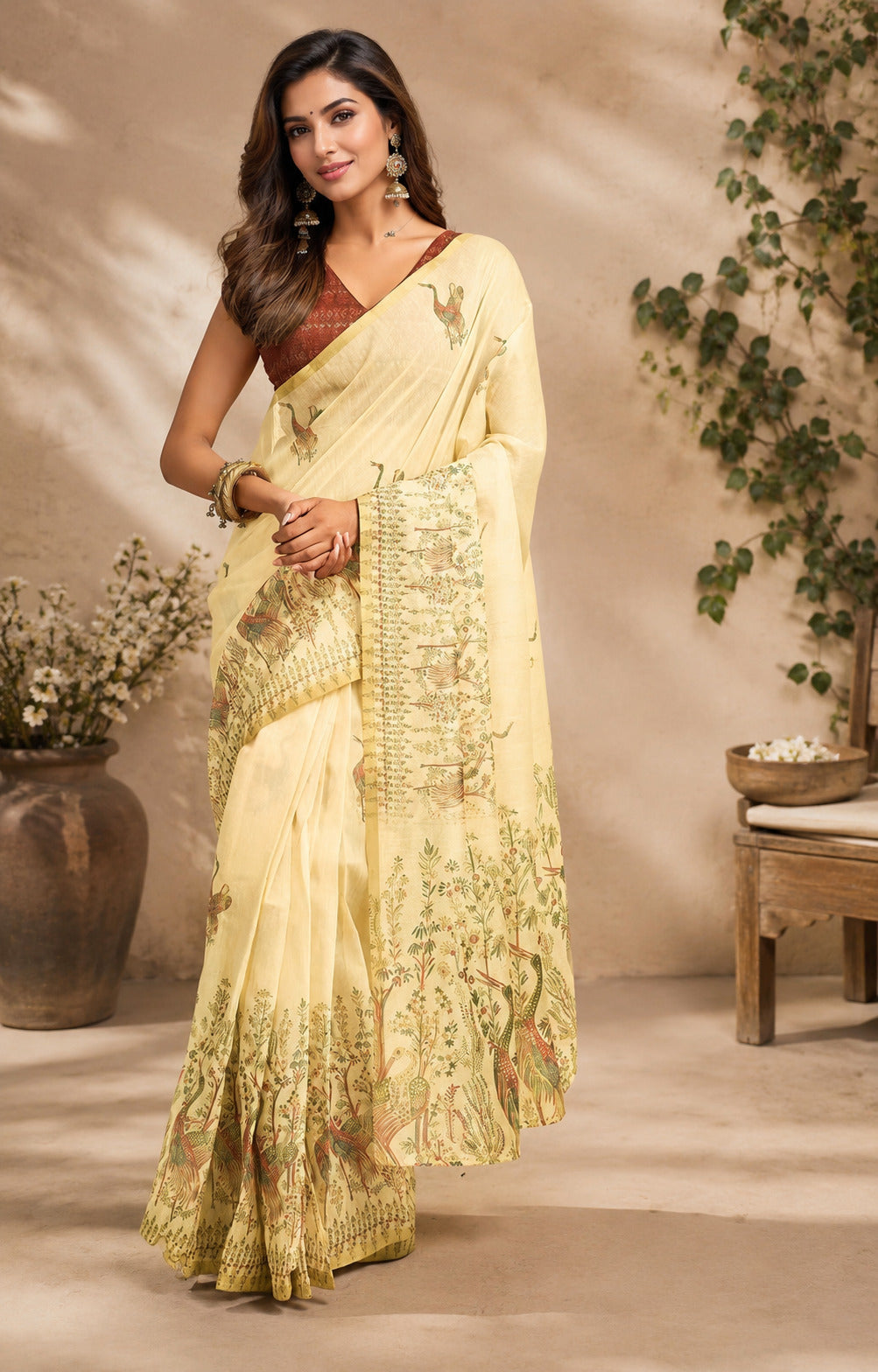 Dwija Fashion Lemon Yellow Party Wear Printed Linen Ready To Wear Saree With Unstitched Blouse