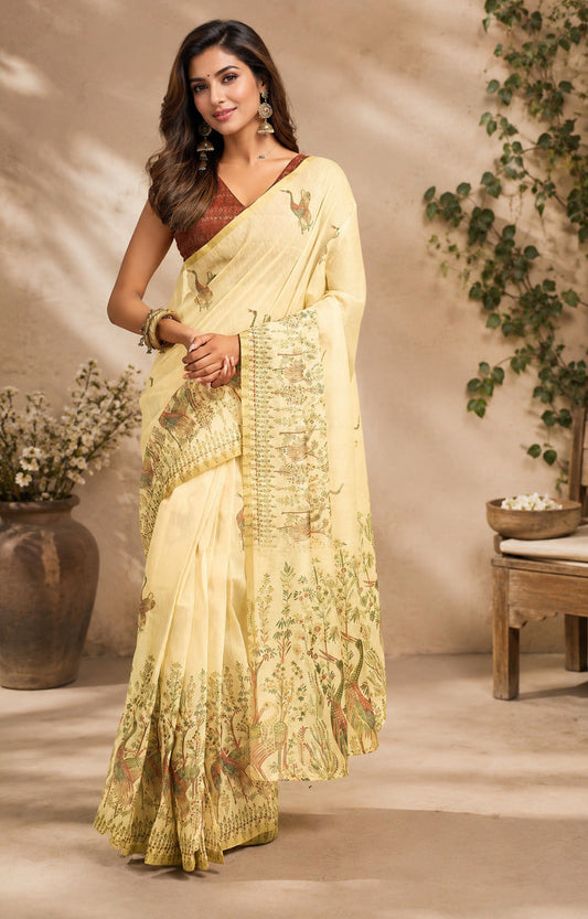 Dwija Fashion Lemon Yellow Party Wear Printed Linen Ready To Wear Saree With Unstitched Blouse