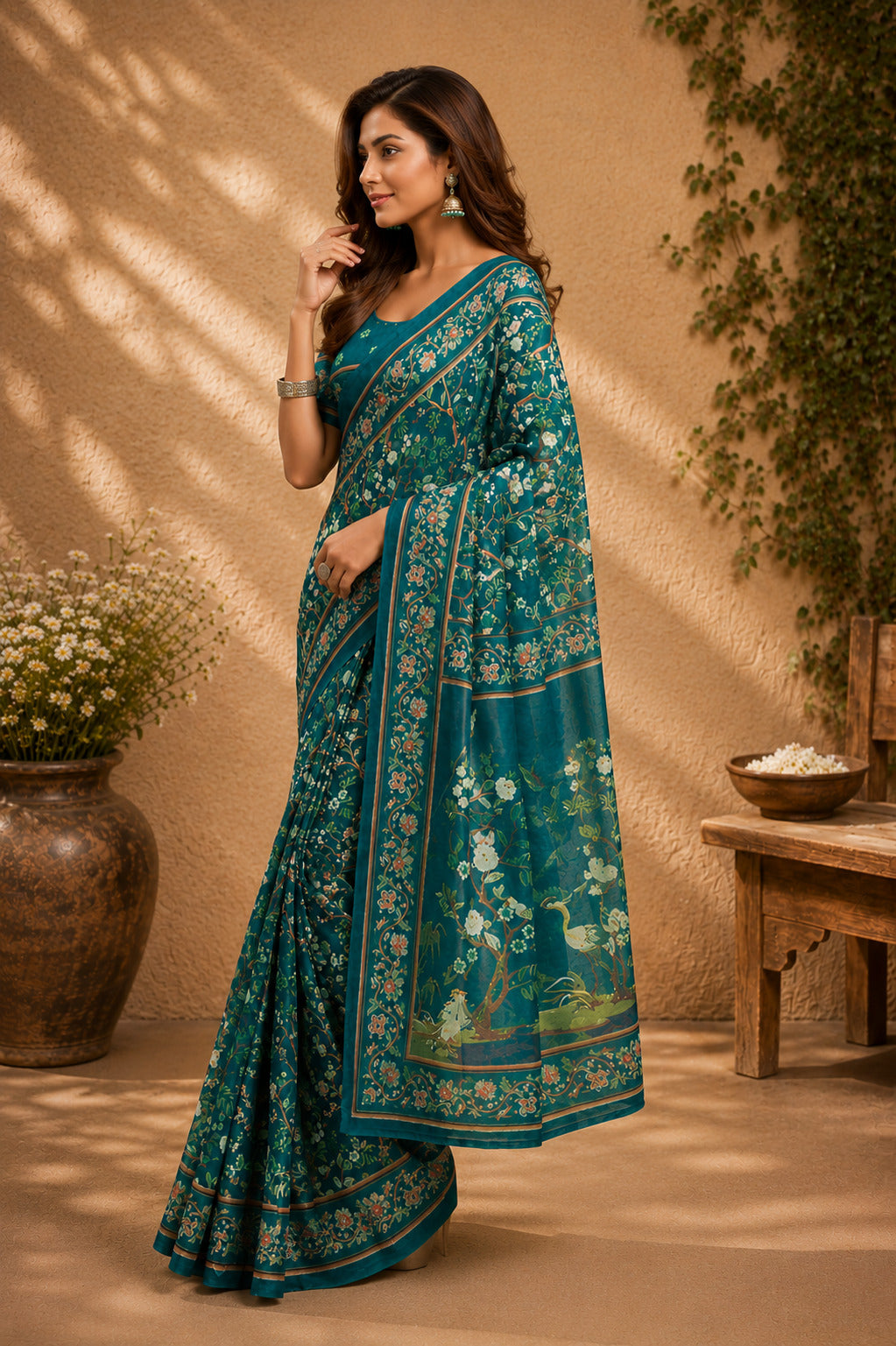 Dwija Fashion Teal Blue Party Wear Printed Linen Ready To Wear Saree With Unstitched Blouse