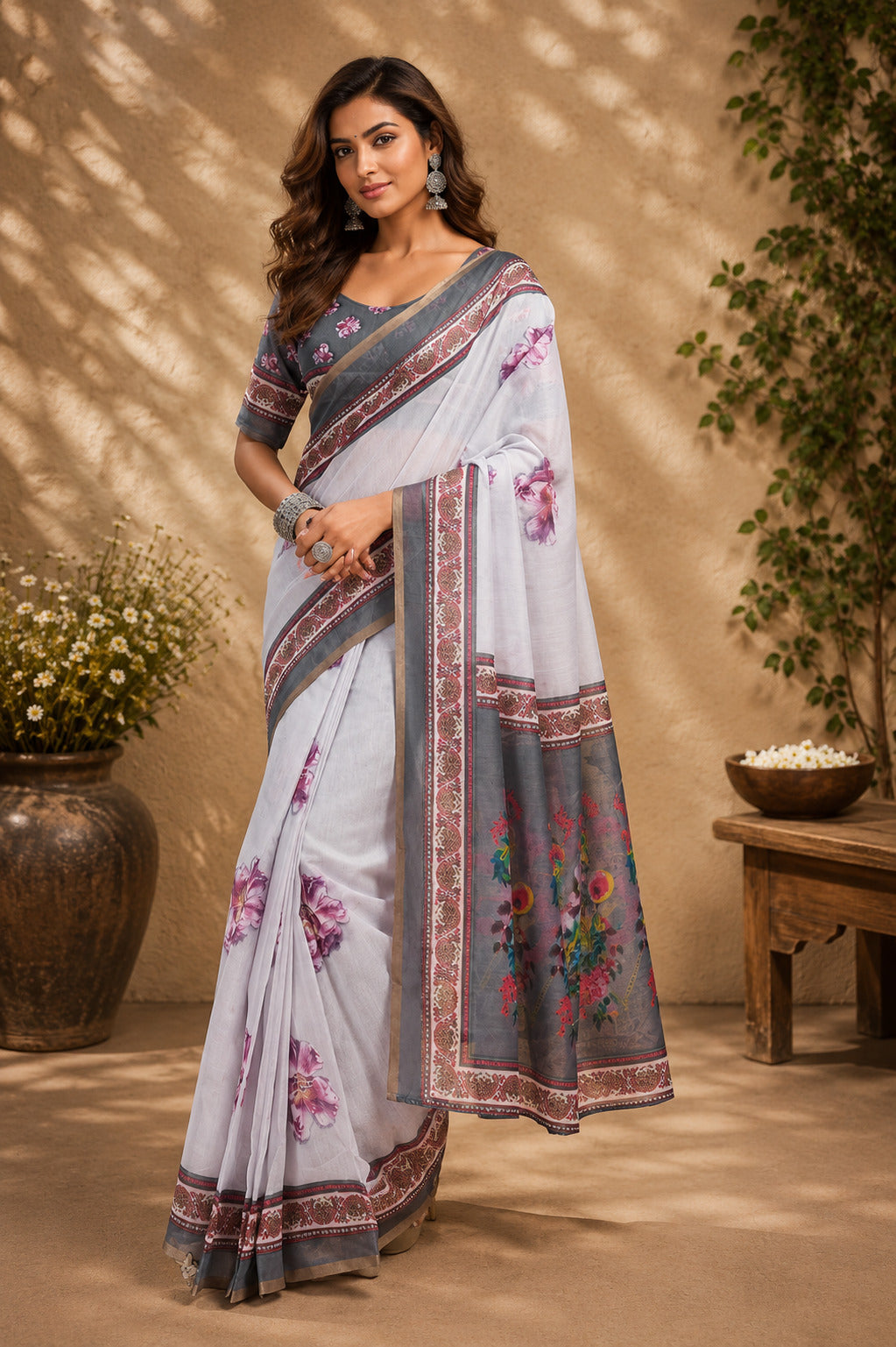 Dwija Fashion Lavender Party Wear Printed Linen Ready To Wear Saree With Unstitched Blouse