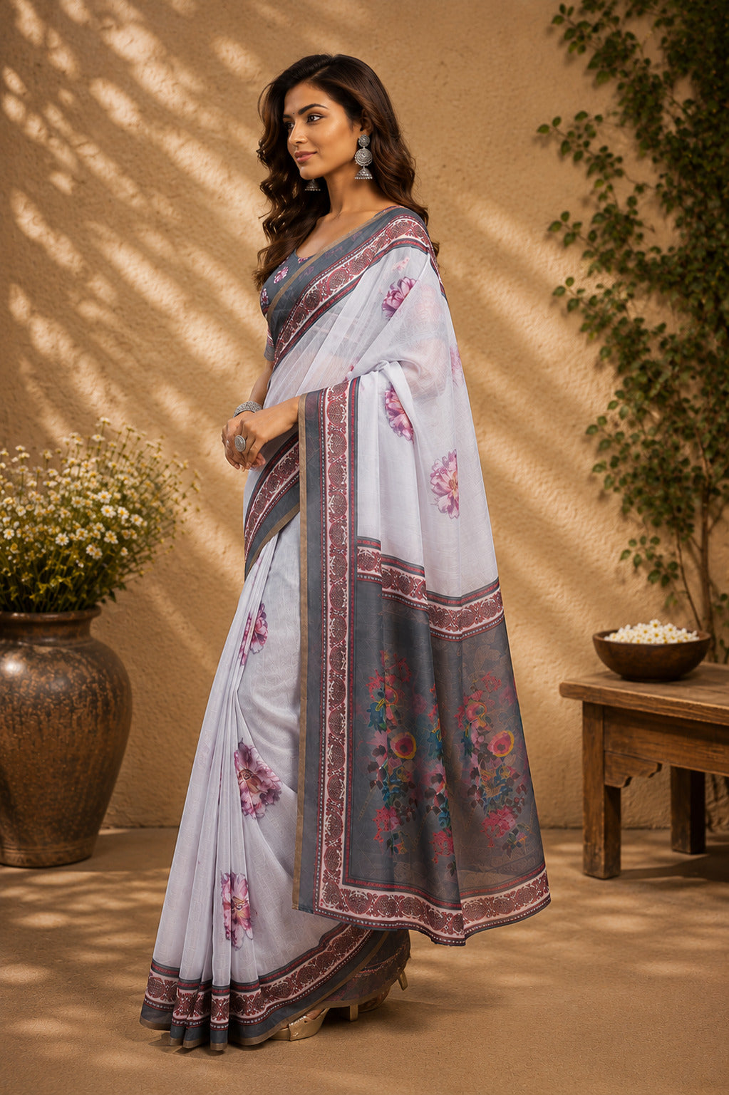 Dwija Fashion Lavender Party Wear Printed Linen Ready To Wear Saree With Unstitched Blouse