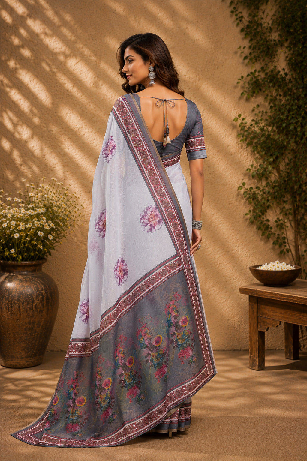 Dwija Fashion Lavender Party Wear Printed Linen Ready To Wear Saree With Unstitched Blouse