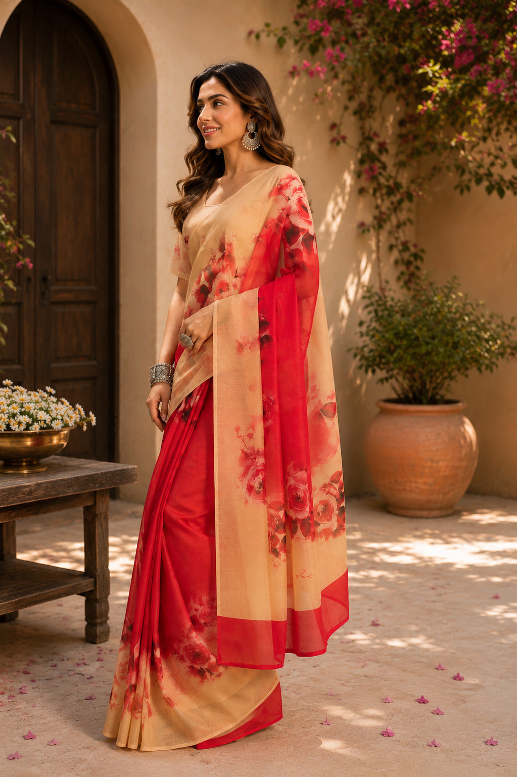 Dwija Fashion Red Party Wear Printed Linen Ready To Wear Saree With Unstitched Blouse