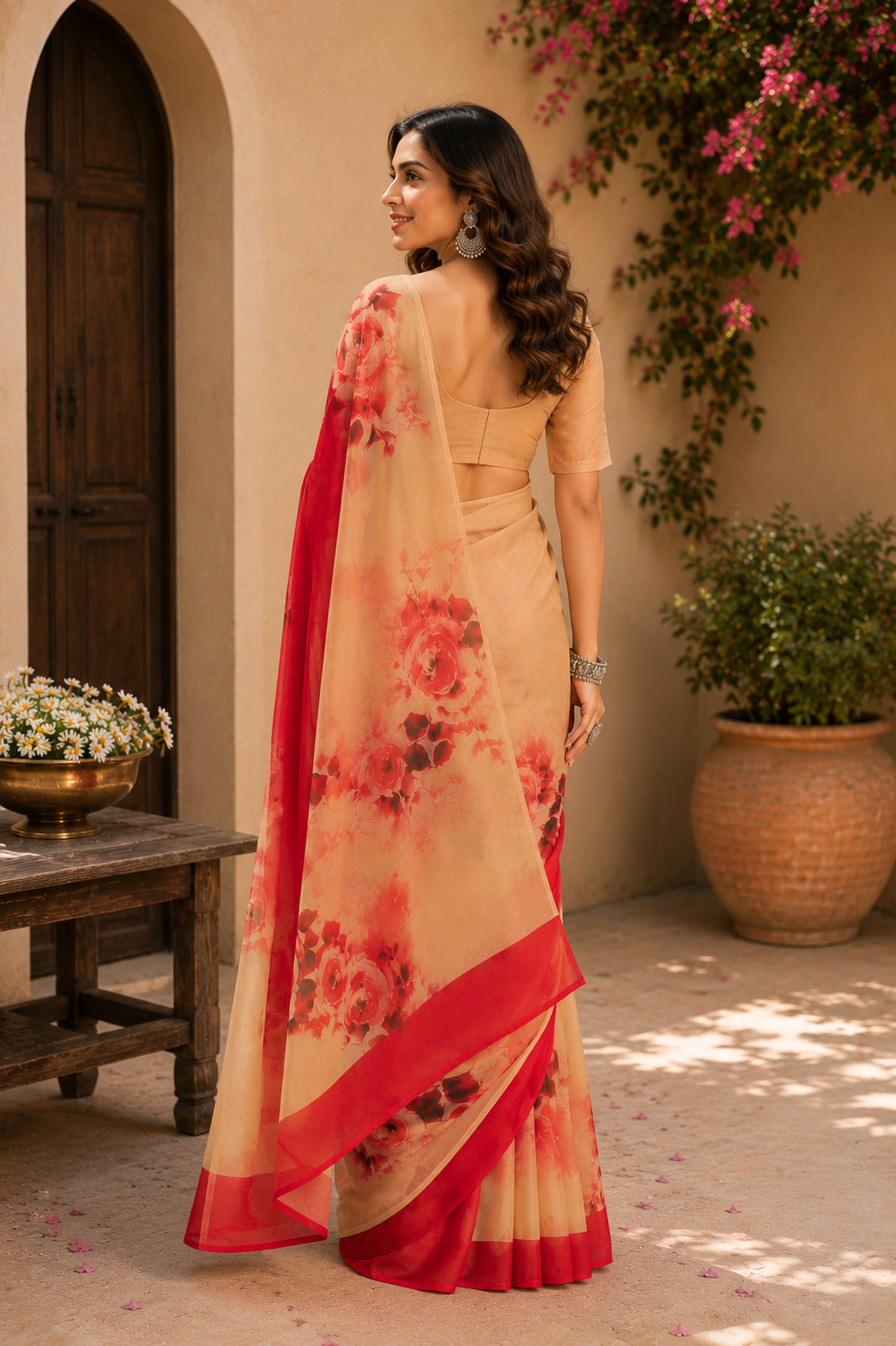 Dwija Fashion Red Party Wear Printed Linen Ready To Wear Saree With Unstitched Blouse