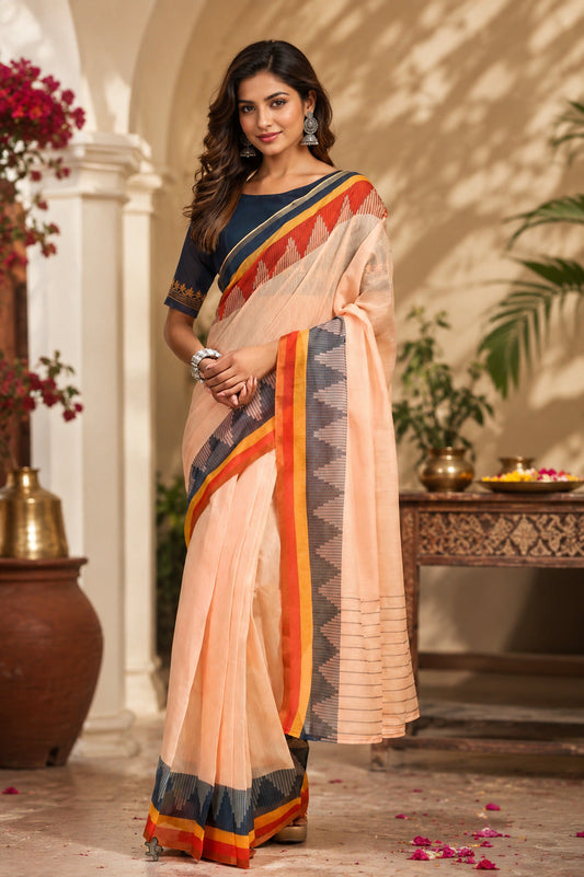 Dwija Fashion Beige Party Wear Printed Linen Ready To Wear Saree With Unstitched Blouse