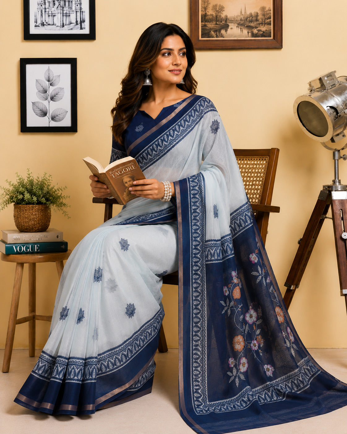 Dwija Fashion White Party Wear Printed Linen Ready To Wear Saree With Unstitched Blouse