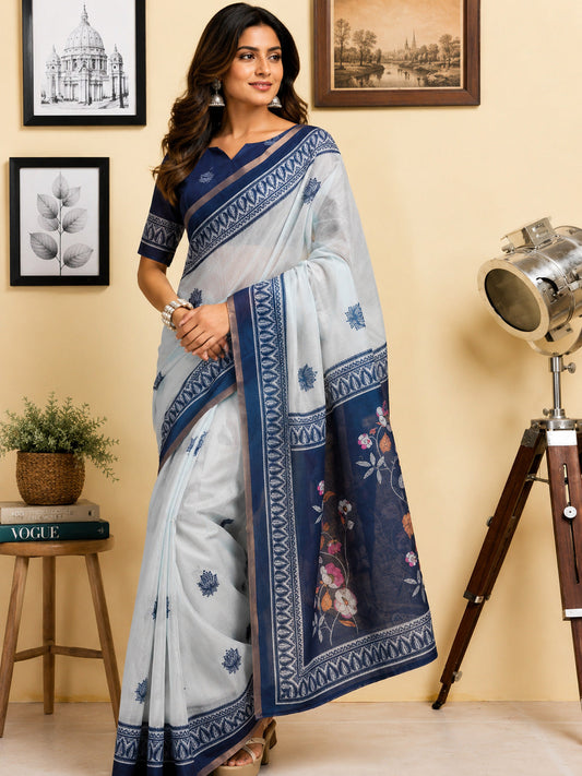 Dwija Fashion White Party Wear Printed Linen Ready To Wear Saree With Unstitched Blouse