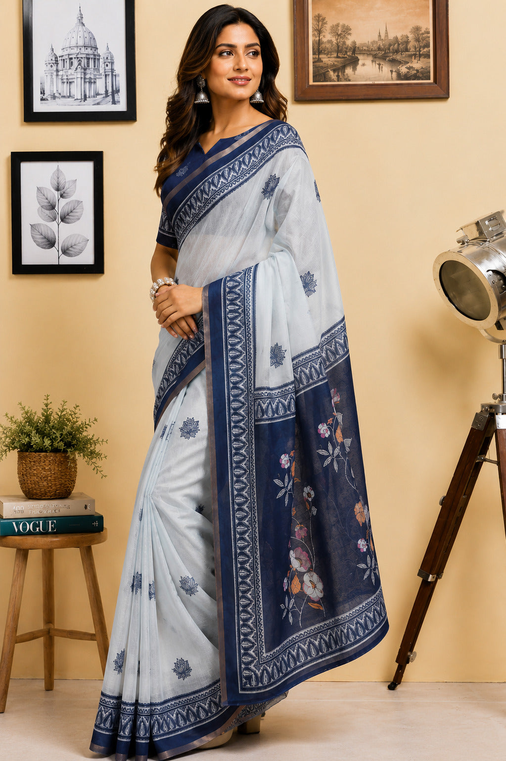 Dwija Fashion White Party Wear Printed Linen Ready To Wear Saree With Unstitched Blouse