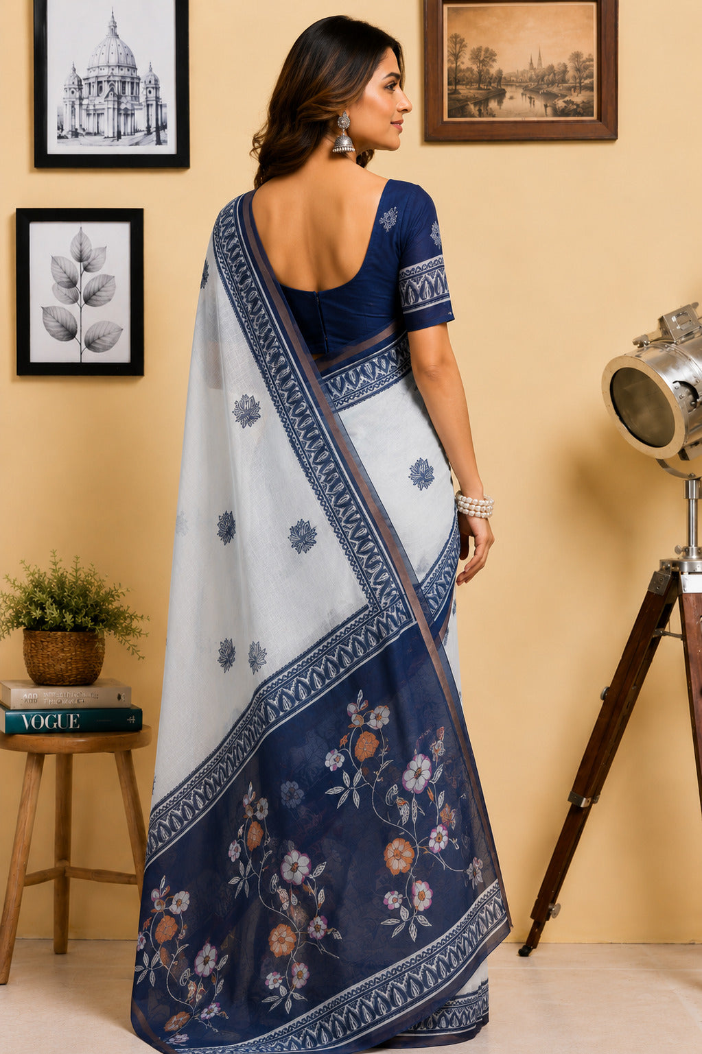 Dwija Fashion White Party Wear Printed Linen Ready To Wear Saree With Unstitched Blouse