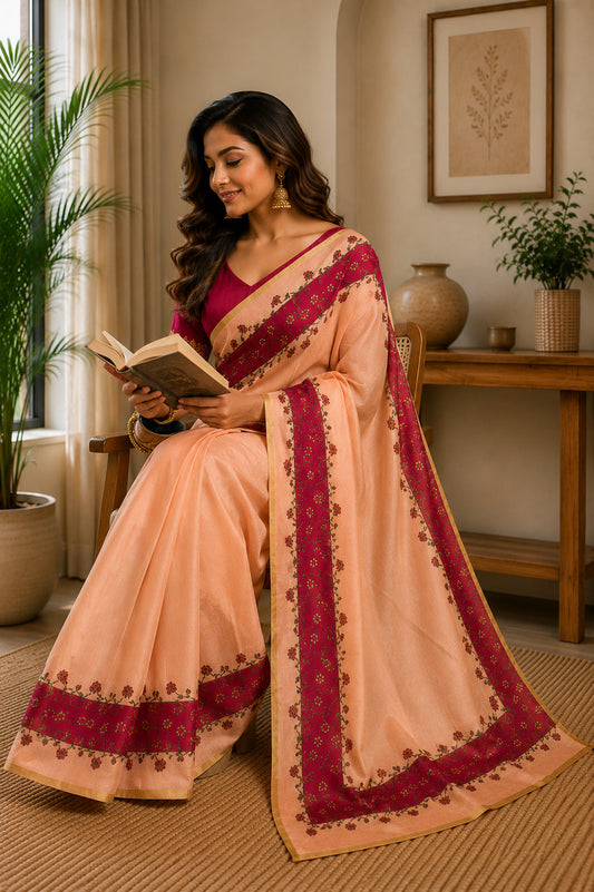 Dwija Fashion Peach Party Wear Printed Linen Ready To Wear Saree With Unstitched Blouse