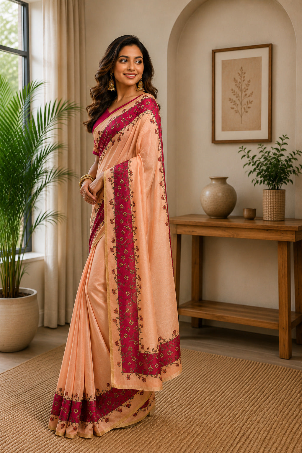 Dwija Fashion Peach Party Wear Printed Linen Ready To Wear Saree With Unstitched Blouse