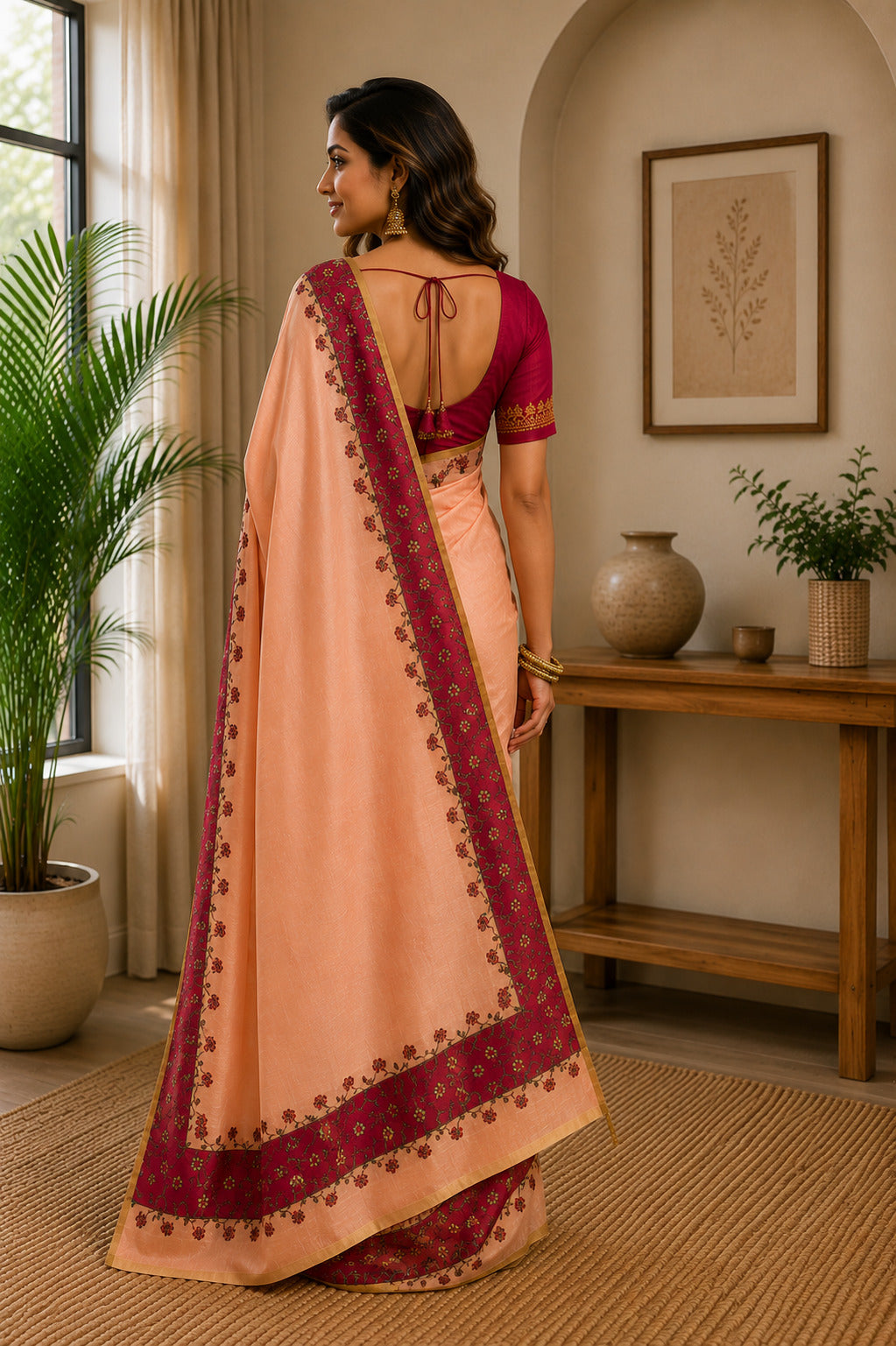 Dwija Fashion Peach Party Wear Printed Linen Ready To Wear Saree With Unstitched Blouse