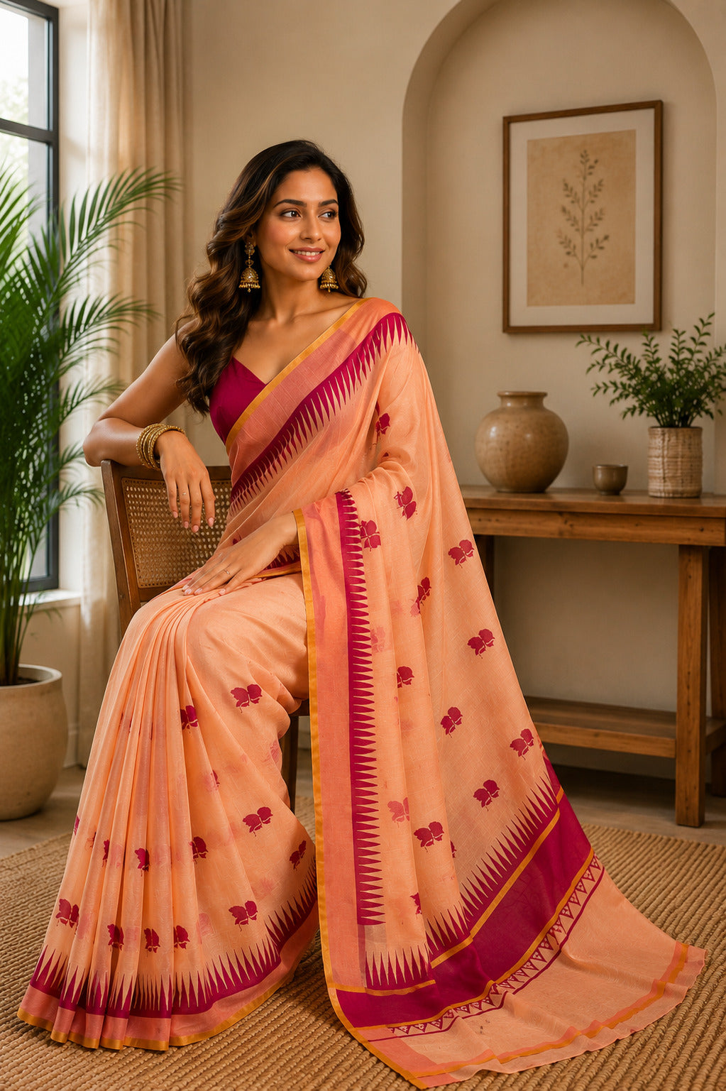 Dwija Fashion Peach Party Wear Printed Linen Ready To Wear Saree With Unstitched Blouse