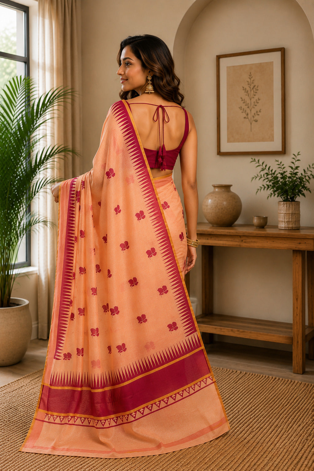 Dwija Fashion Peach Party Wear Printed Linen Ready To Wear Saree With Unstitched Blouse