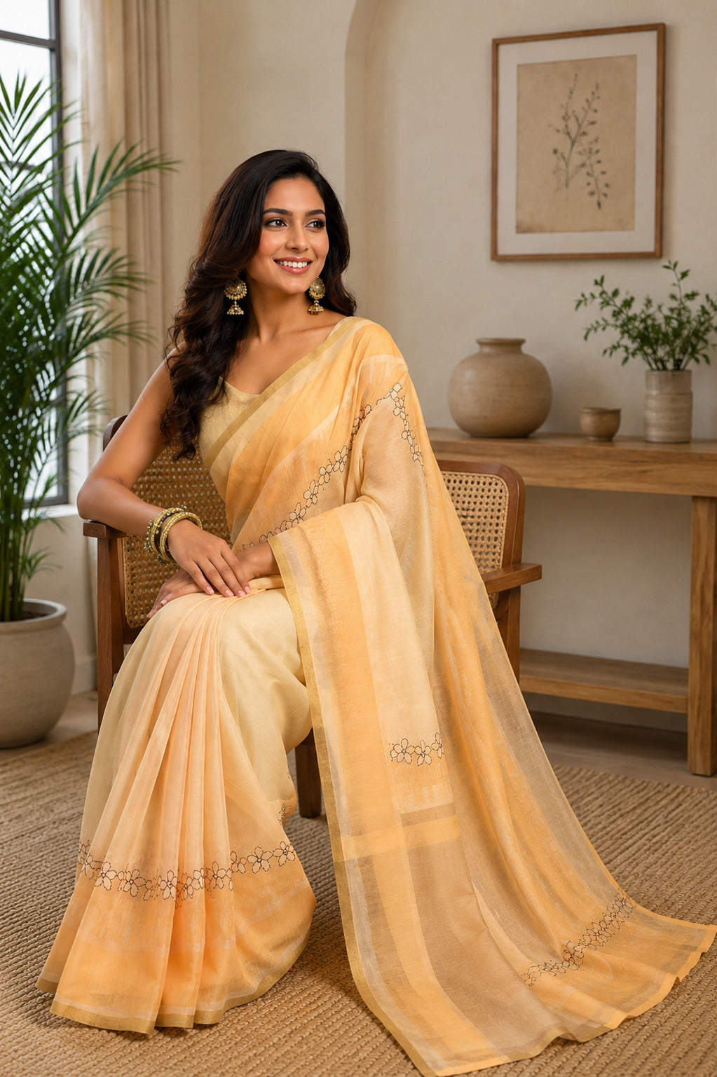 Dwija Fashion Yellow Party Wear Printed Linen Ready To Wear Saree With Unstitched Blouse
