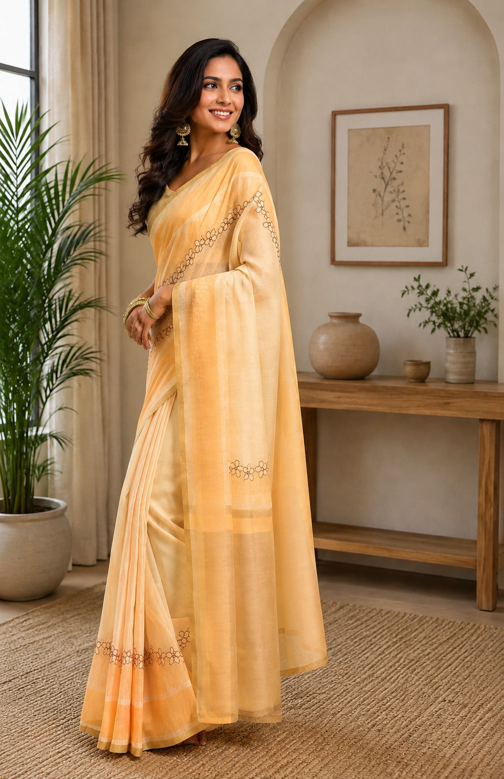 Dwija Fashion Yellow Party Wear Printed Linen Ready To Wear Saree With Unstitched Blouse