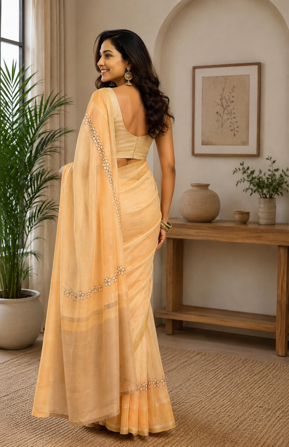 Dwija Fashion Yellow Party Wear Printed Linen Ready To Wear Saree With Unstitched Blouse