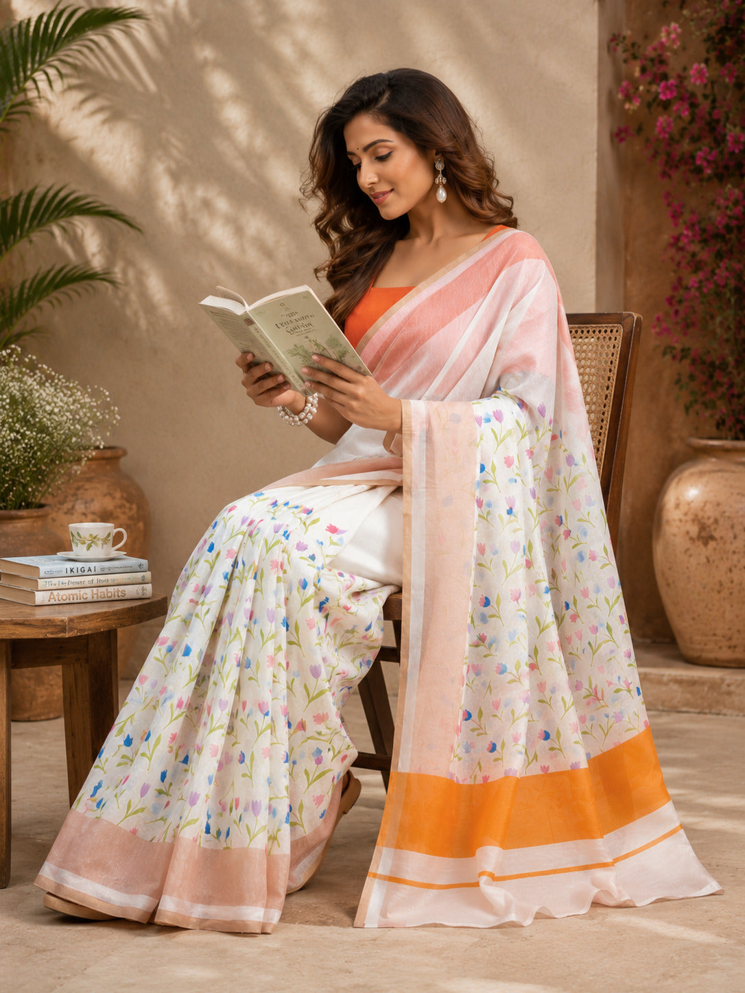 Dwija Fashion White Party Wear Printed Linen Ready To Wear Saree With Unstitched Blouse