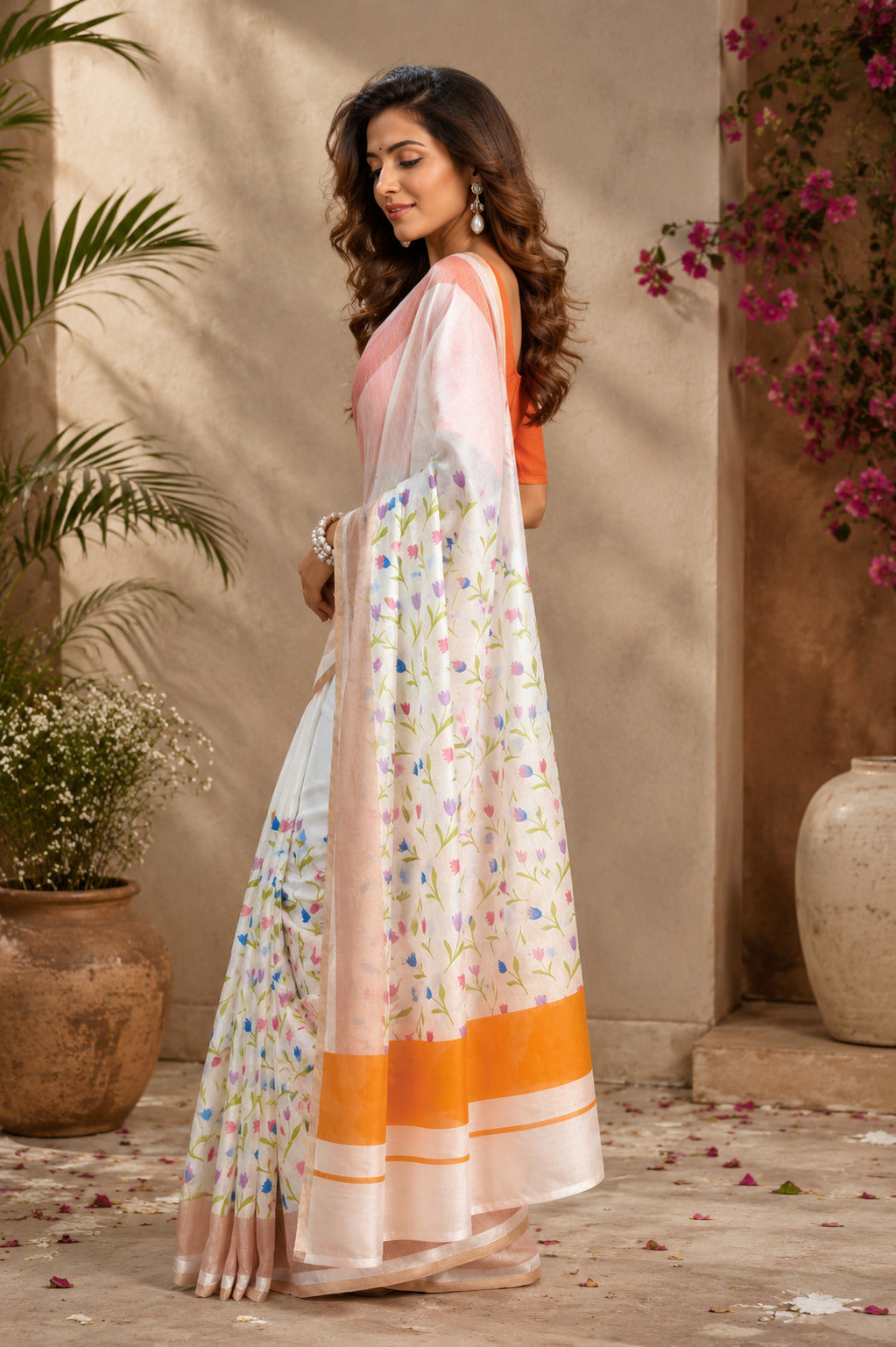 Dwija Fashion White Party Wear Printed Linen Ready To Wear Saree With Unstitched Blouse