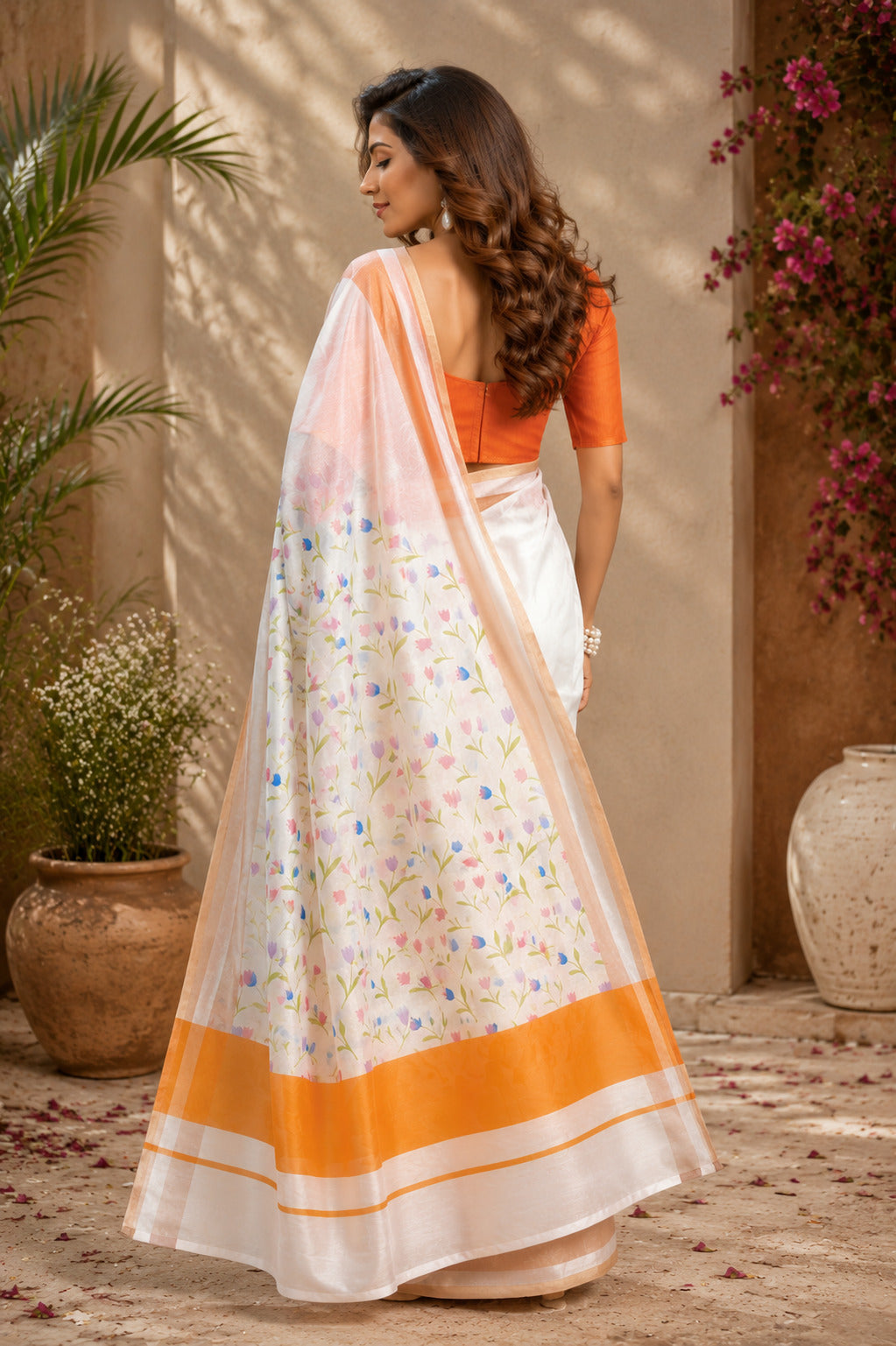 Dwija Fashion White Party Wear Printed Linen Ready To Wear Saree With Unstitched Blouse