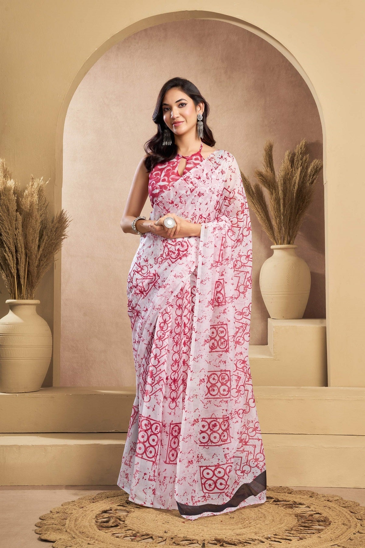 Dwija Fashion White Party Wear Printed Linen Ready To Wear Saree With Unstitched Blouse