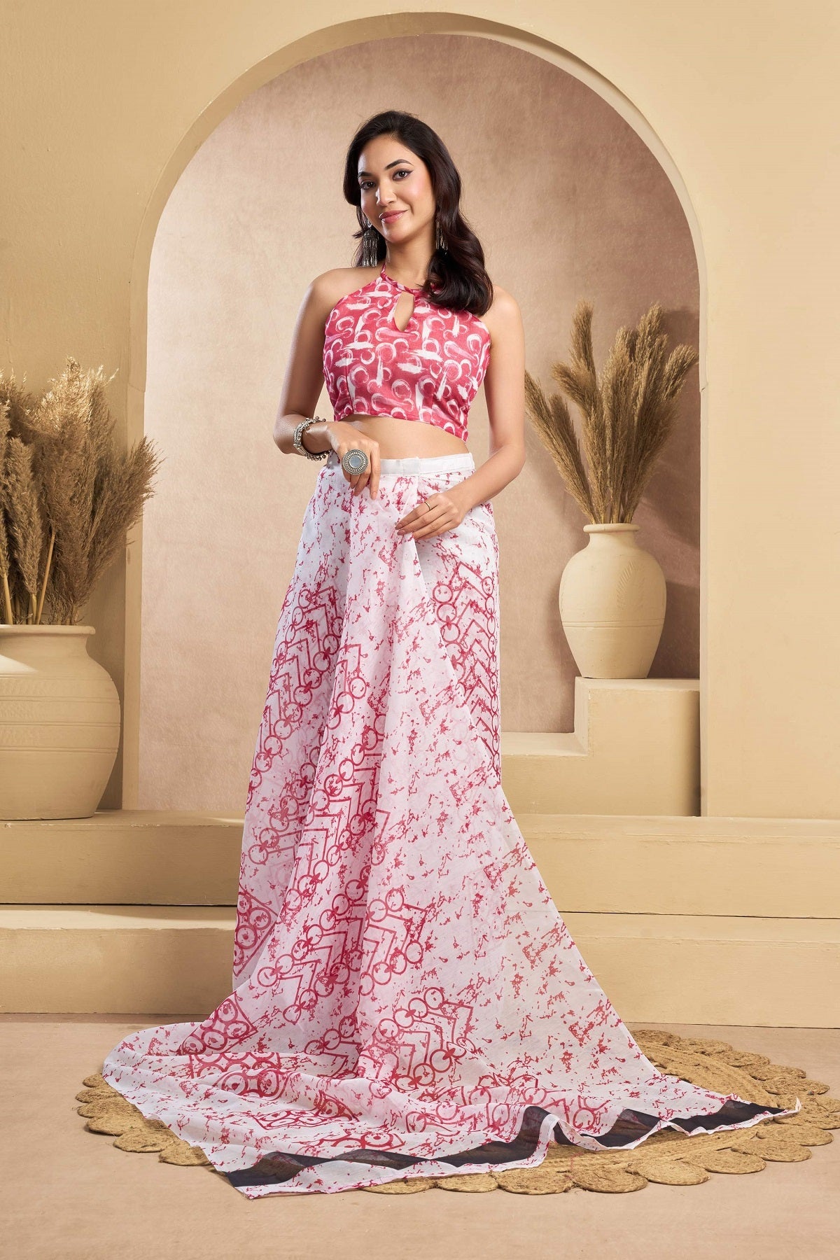 Dwija Fashion White Party Wear Printed Linen Ready To Wear Saree With Unstitched Blouse