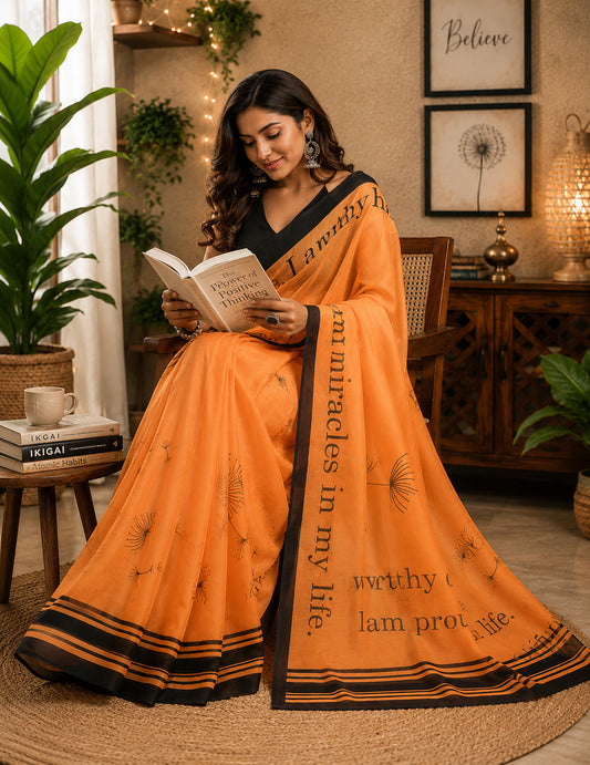 Dwija Fashion Orange Party Wear Printed Linen Ready To Wear Saree With Unstitched Blouse