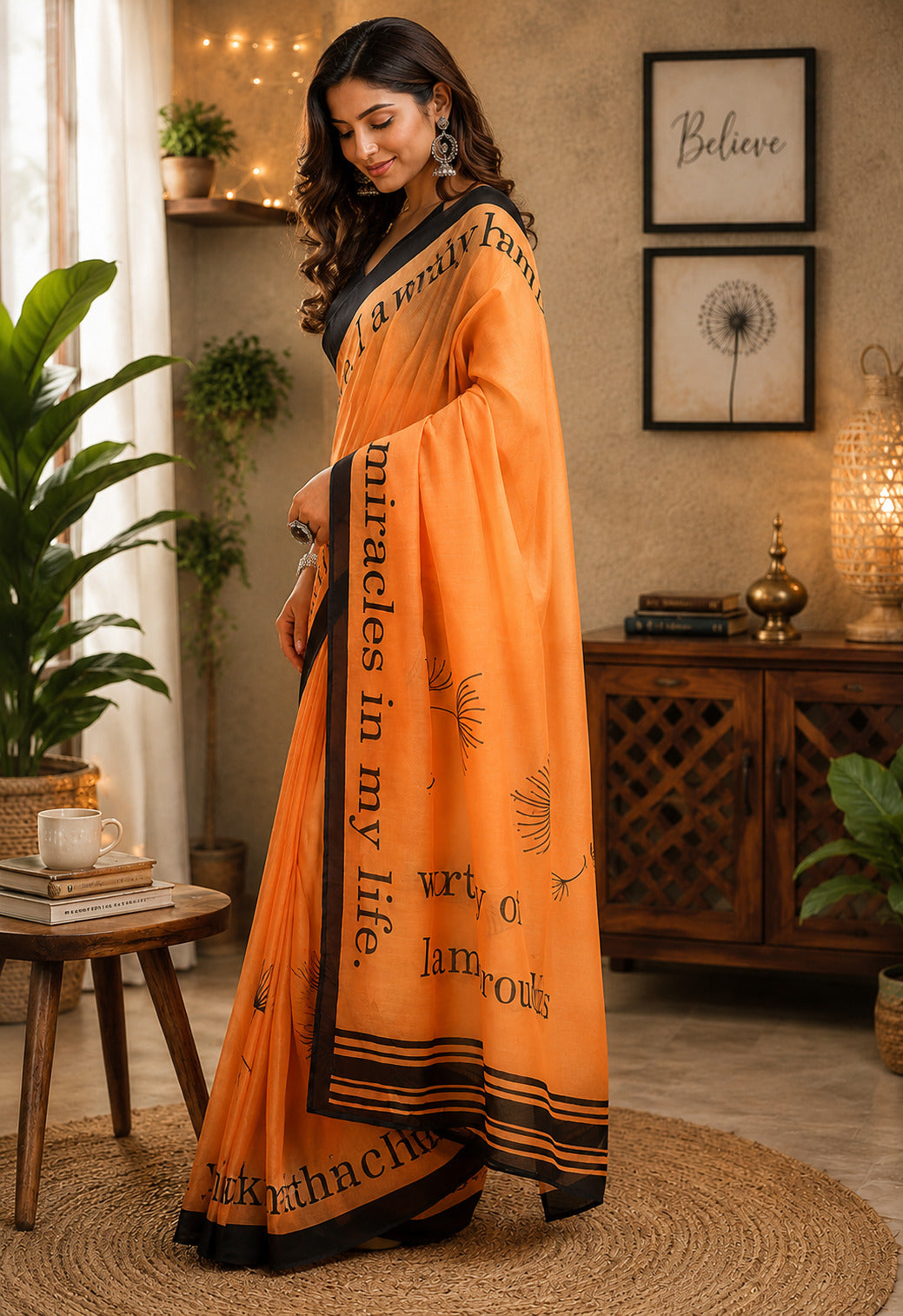 Dwija Fashion Orange Party Wear Printed Linen Ready To Wear Saree With Unstitched Blouse