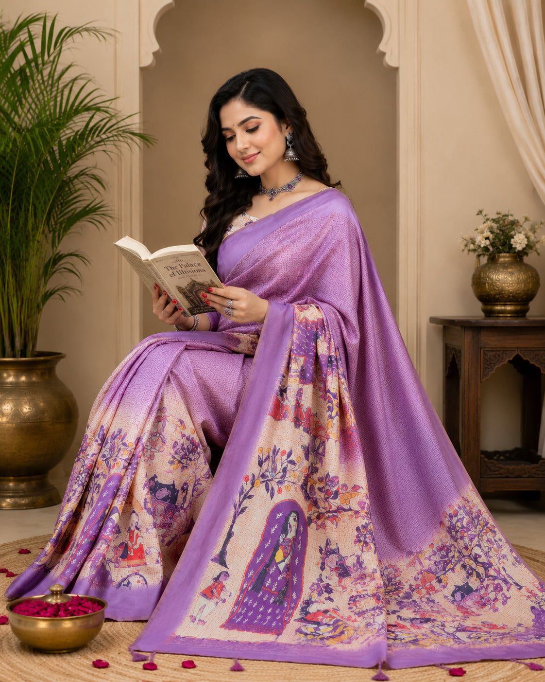 Dwija Fashion Lavender Party Wear Printed Linen Ready To Wear Saree With Unstitched Blouse
