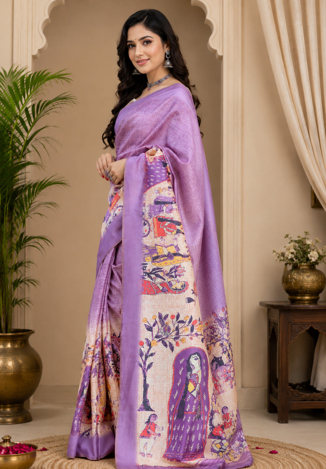 Dwija Fashion Lavender Party Wear Printed Linen Ready To Wear Saree With Unstitched Blouse