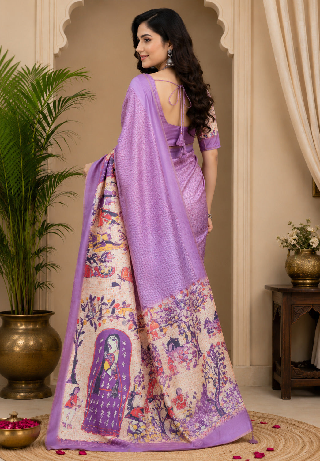 Dwija Fashion Lavender Party Wear Printed Linen Ready To Wear Saree With Unstitched Blouse