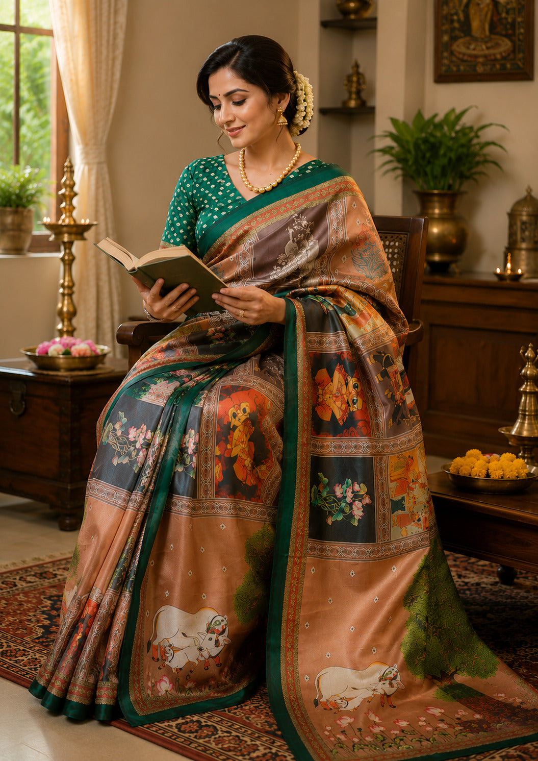 Dwija Fashion Beige Party Wear Printed Linen Ready To Wear Saree With Unstitched Blouse