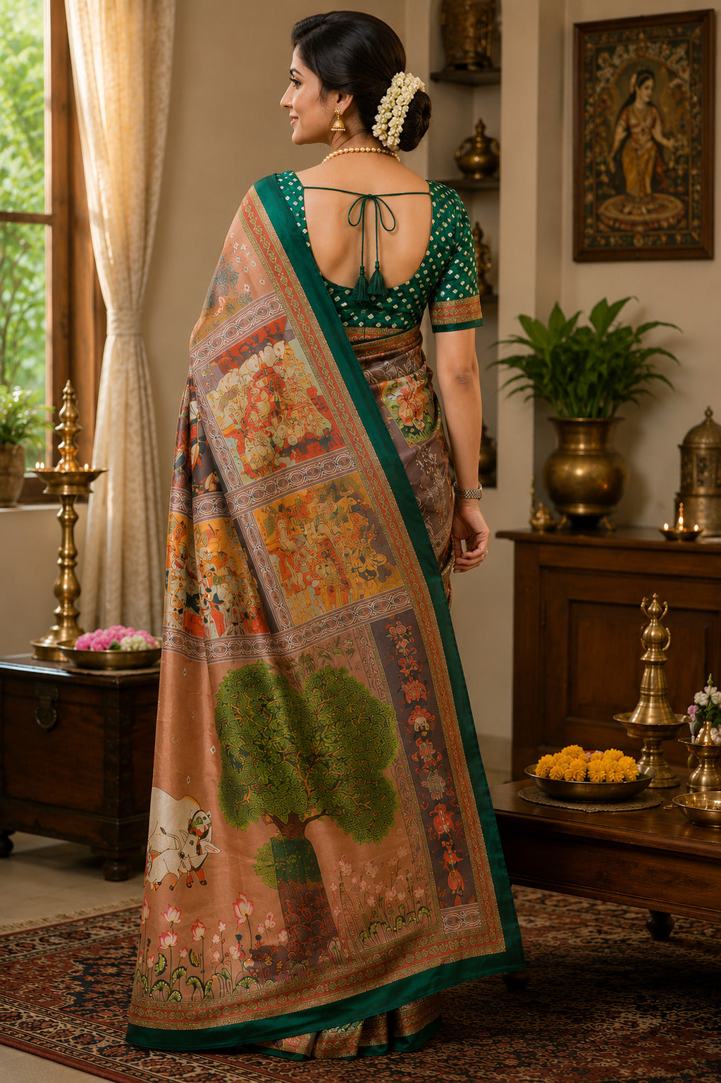 Dwija Fashion Beige Party Wear Printed Linen Ready To Wear Saree With Unstitched Blouse