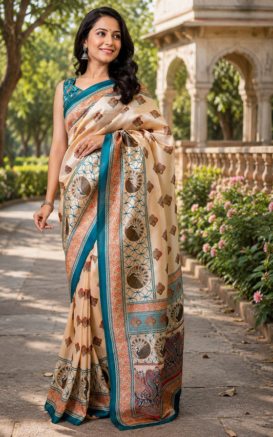 Dwija Fashion Beige Party Wear Printed Linen Ready To Wear Saree With Unstitched Blouse