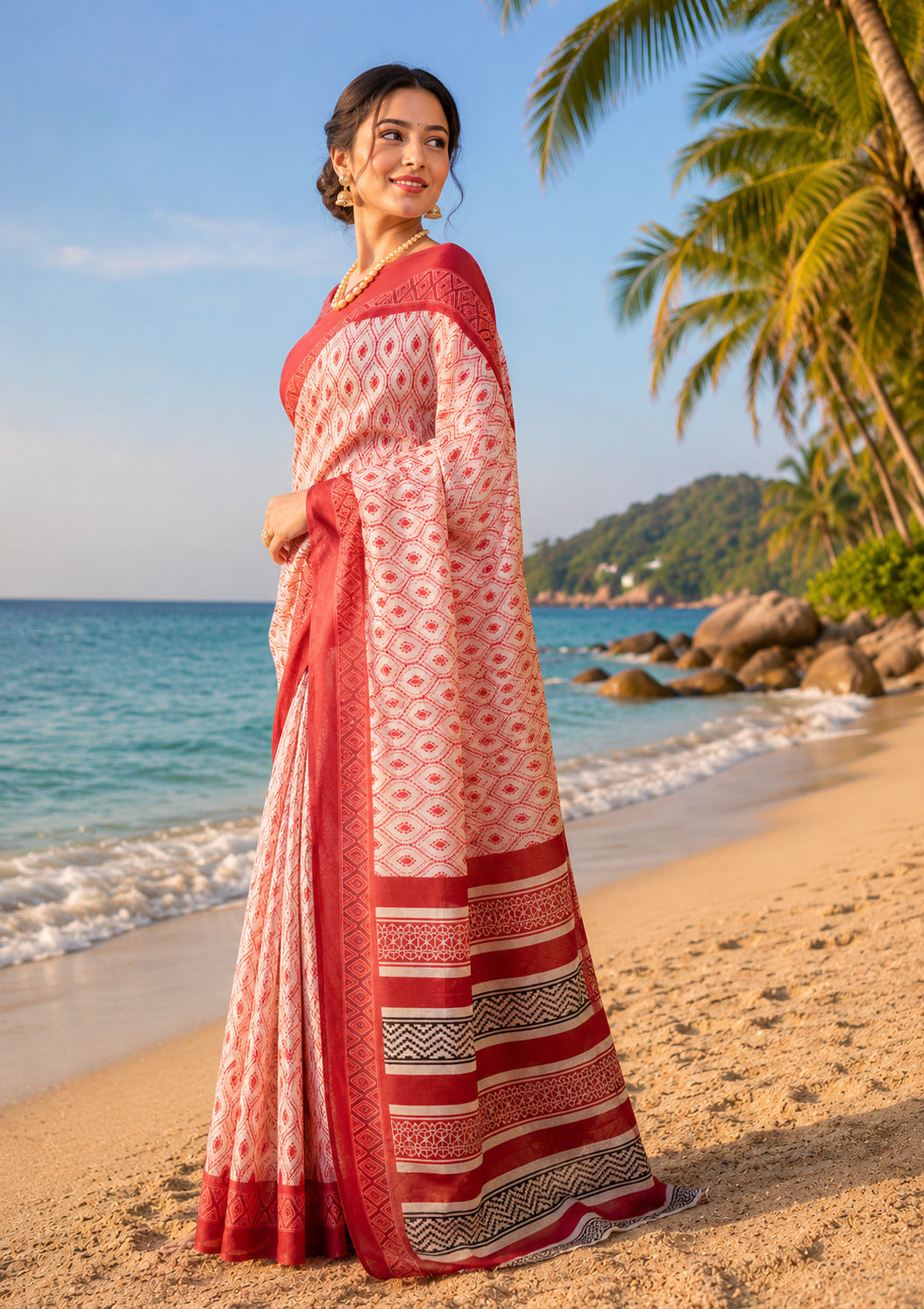 Dwija Fashion White Party Wear Printed Linen Ready To Wear Saree With Unstitched Blouse
