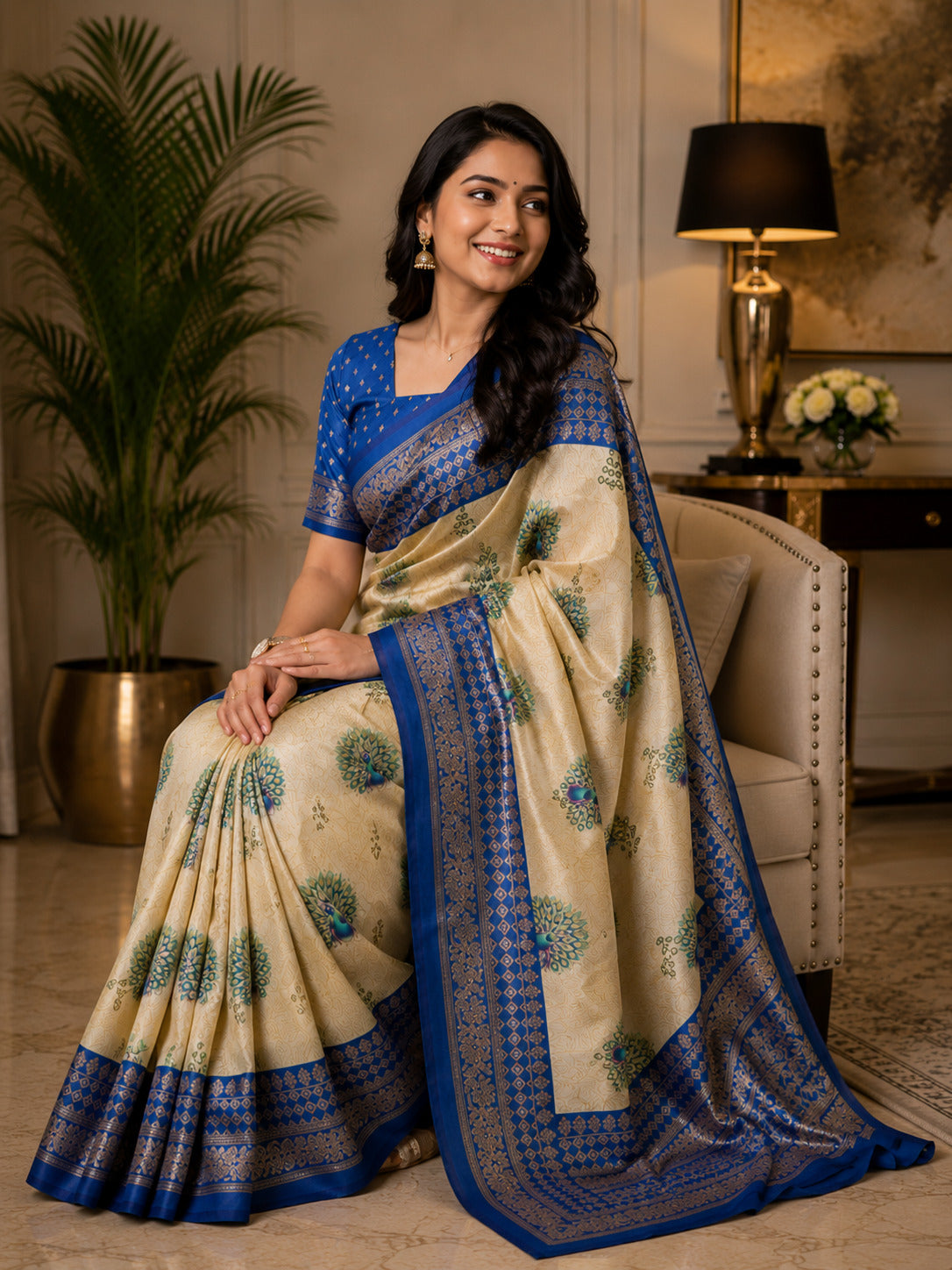 Dwija Fashion Off - White Party Wear Printed Linen Ready To Wear Saree With Unstitched Blouse