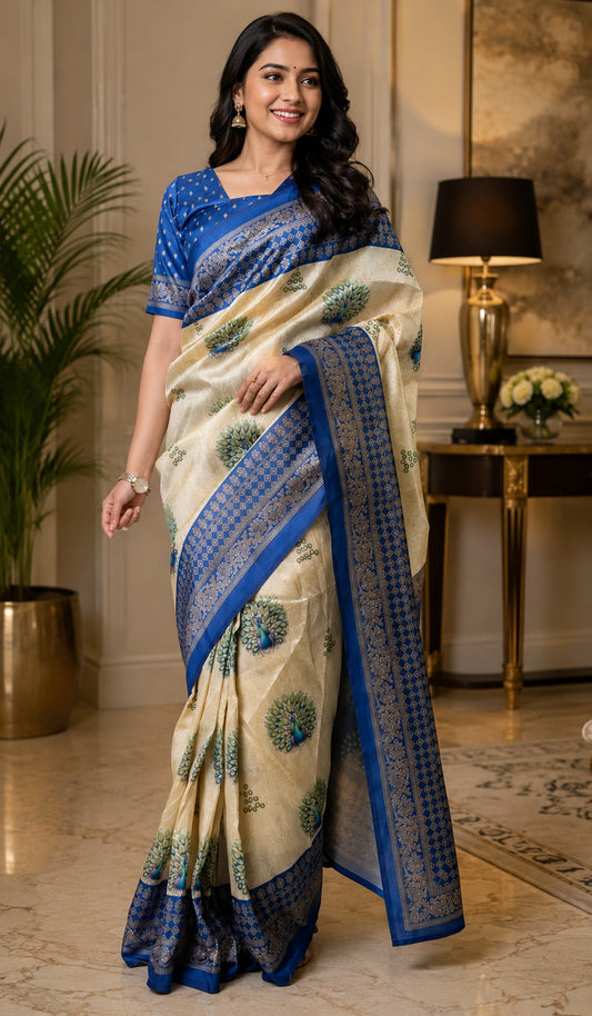Dwija Fashion Off - White Party Wear Printed Linen Ready To Wear Saree With Unstitched Blouse