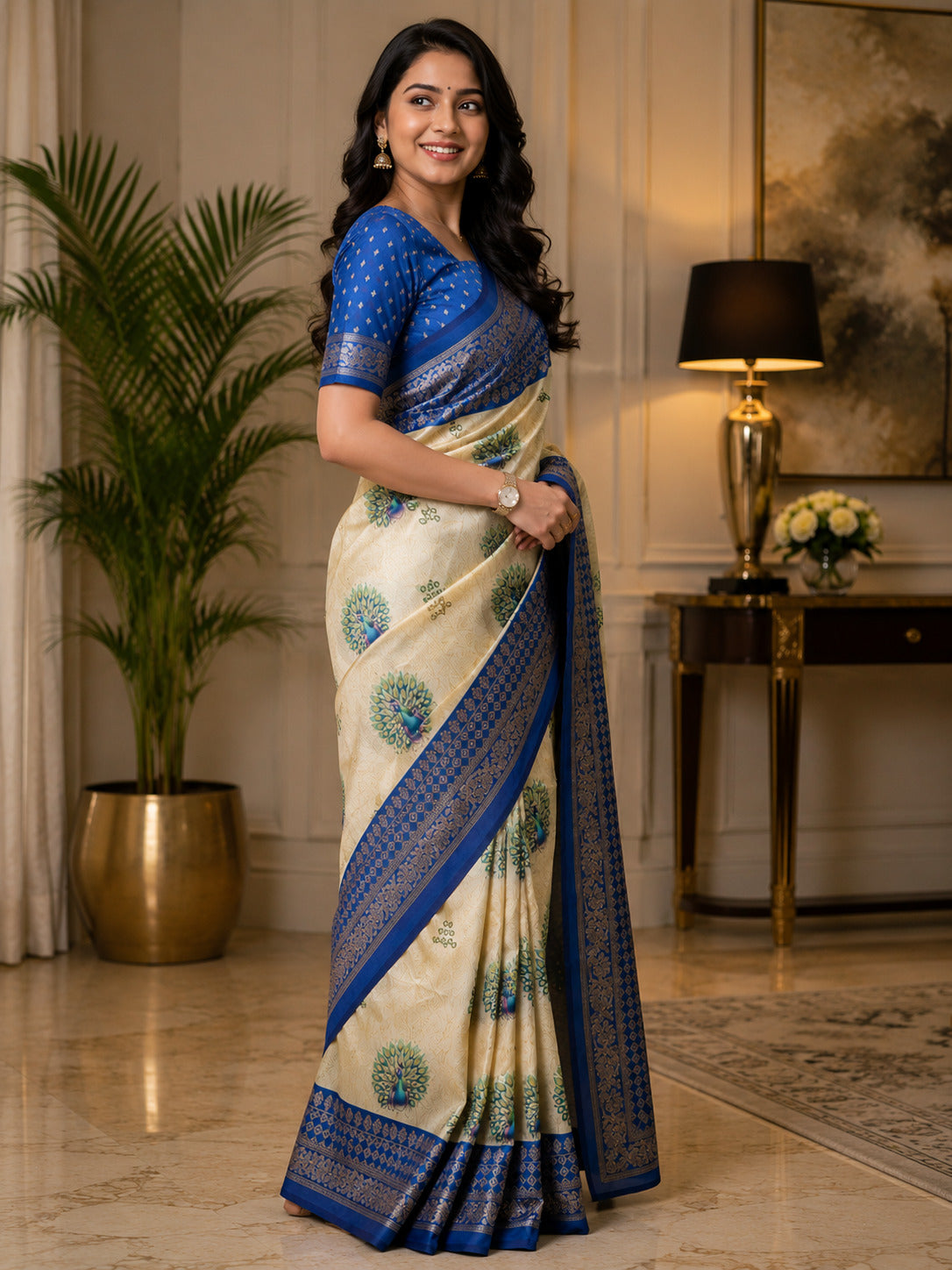 Dwija Fashion Off - White Party Wear Printed Linen Ready To Wear Saree With Unstitched Blouse